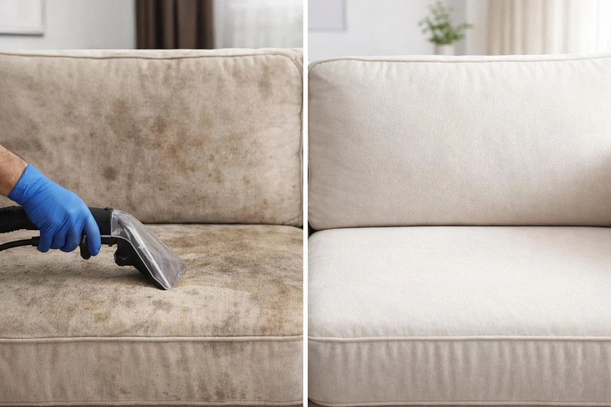 Before and after upholstery cleaning comparison of a professionally cleaned fabric sofa